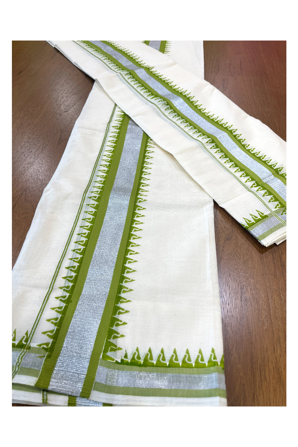 Cotton Single Set Mundu (Mundu Neriyathum) with Green Temple Block Prints and Silver Kasavu Border