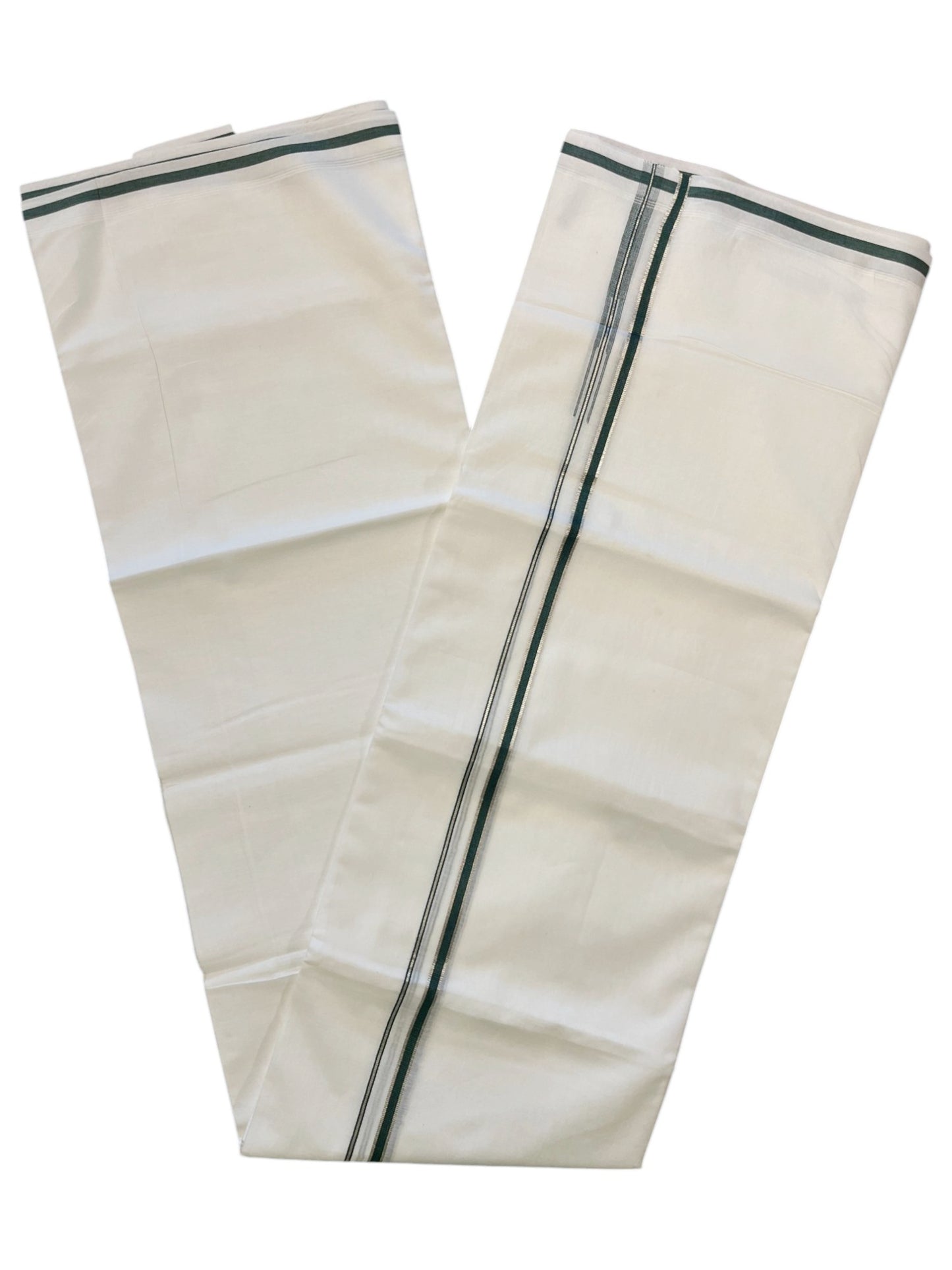 Pure White Cotton Double Mundu with Green  Border (South Indian Dhoti)