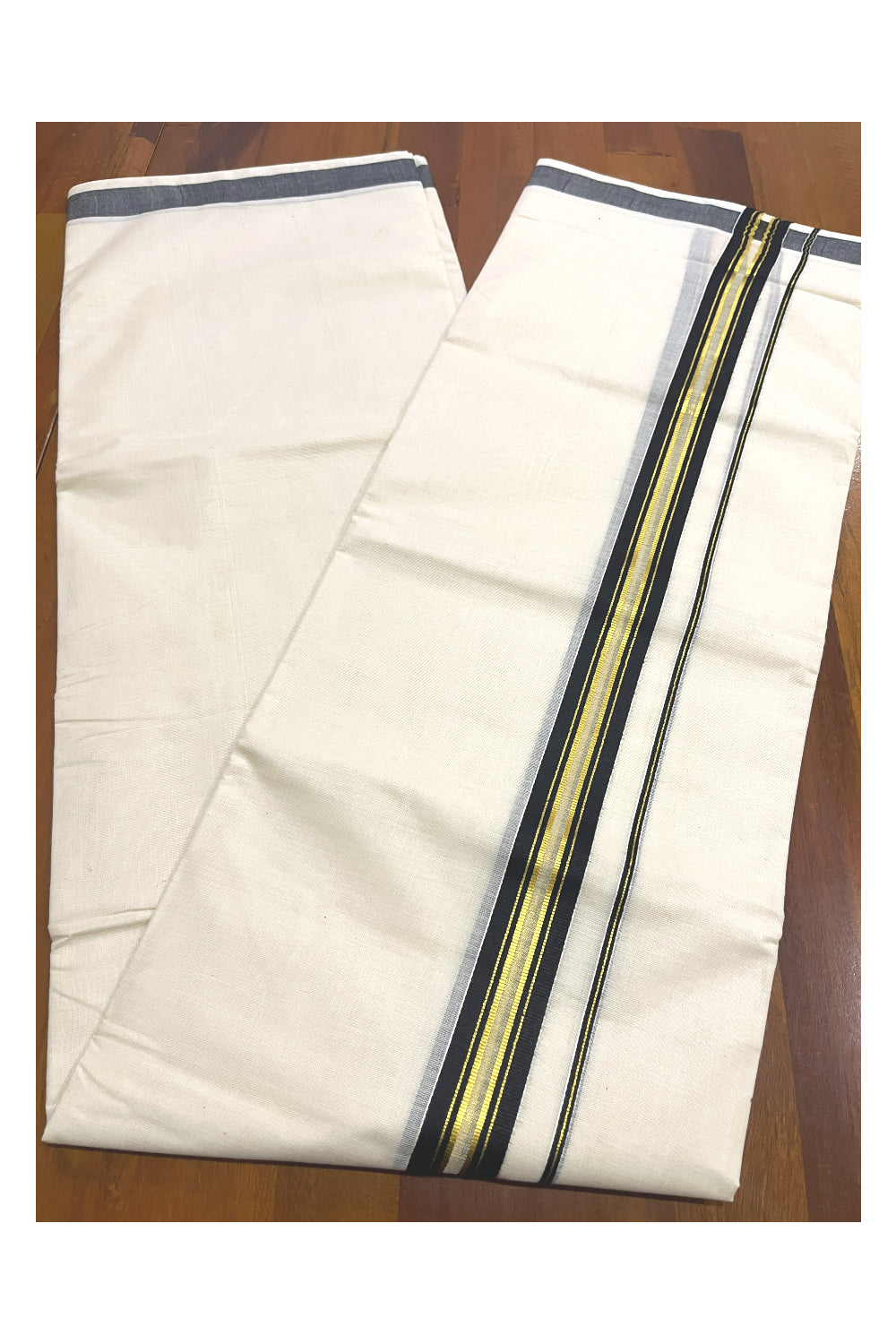 Off White Kerala Double Mundu with Black Kasavu Kara (South Indian Kerala Dhoti)