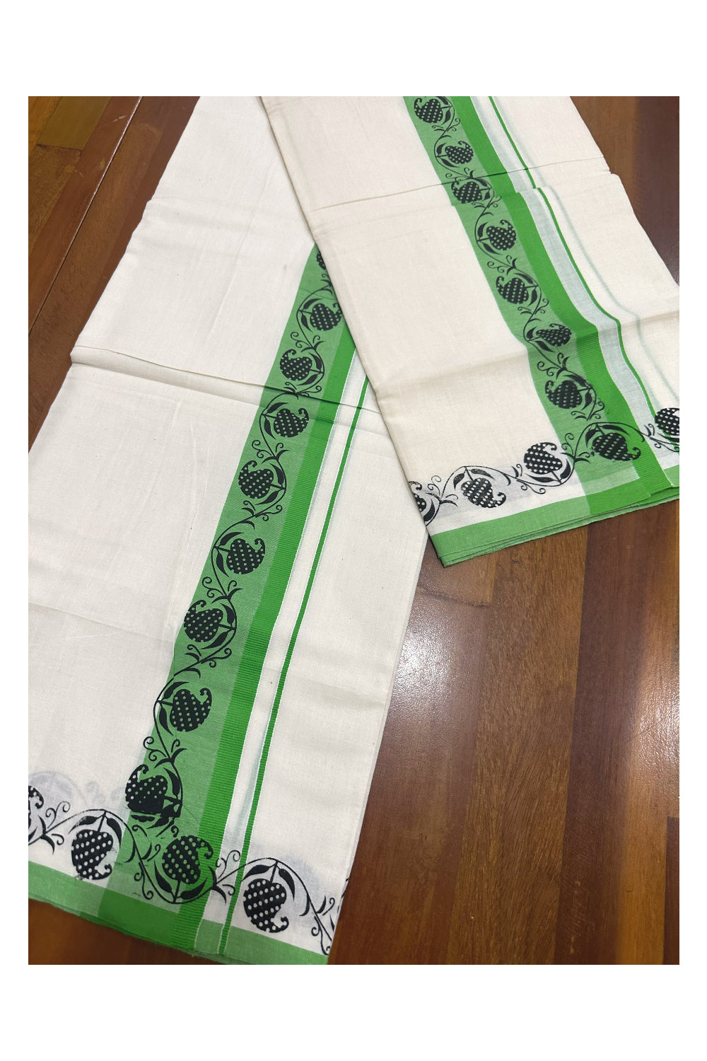 Kerala Cotton Set Mundu (Mundum Neriyathum) with Block Prints on Green Border