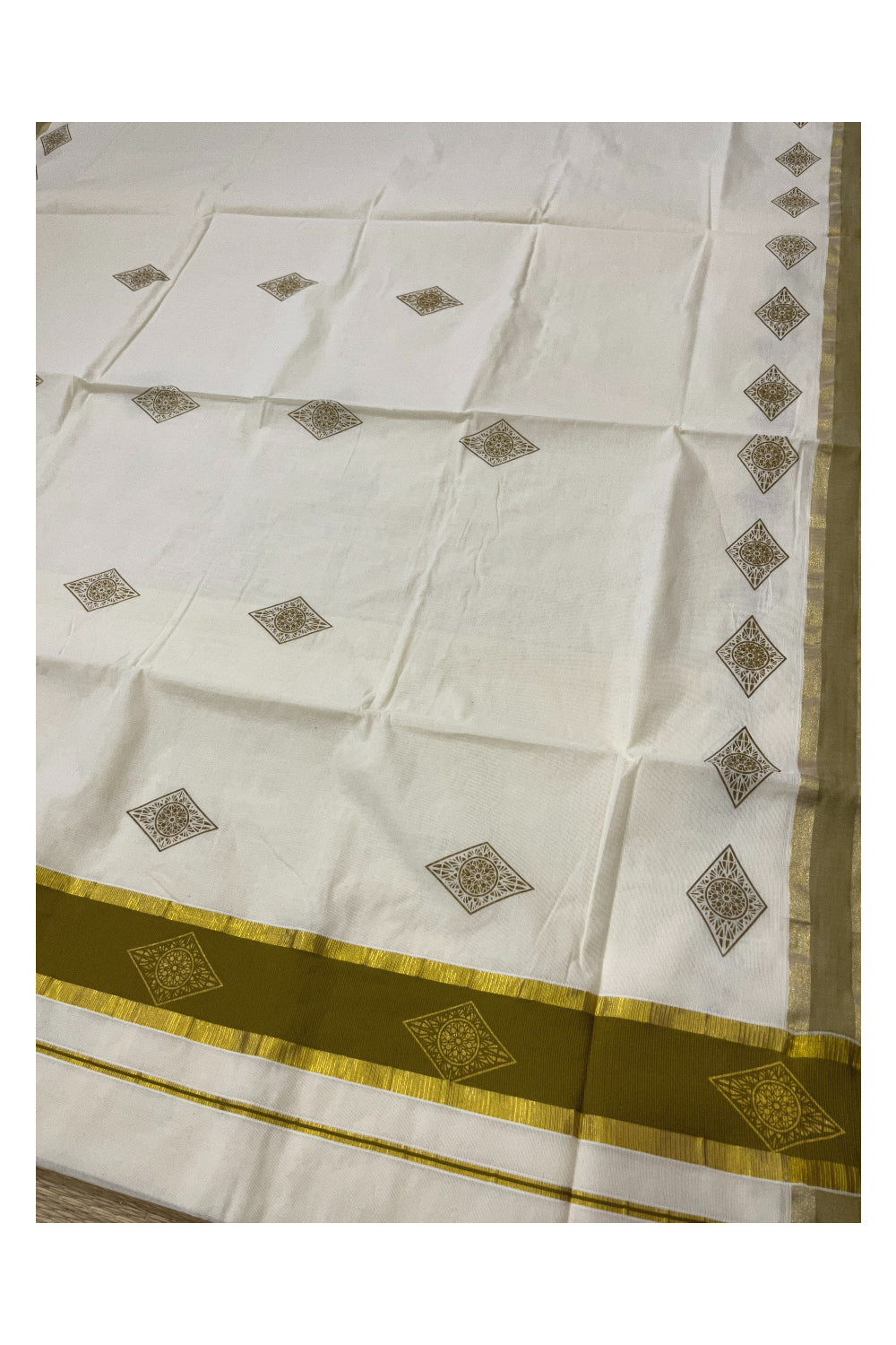 Pure Cotton Kerala Saree with Olive Green Block Prints and Kasavu Border