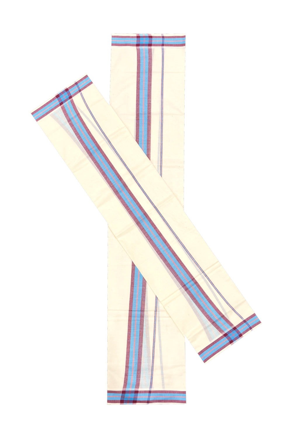 Kerala Cotton Mulloth Mundum Neriyathum Single (Set Mundu) with Blue and Purple Border (Extra Soft Cotton)