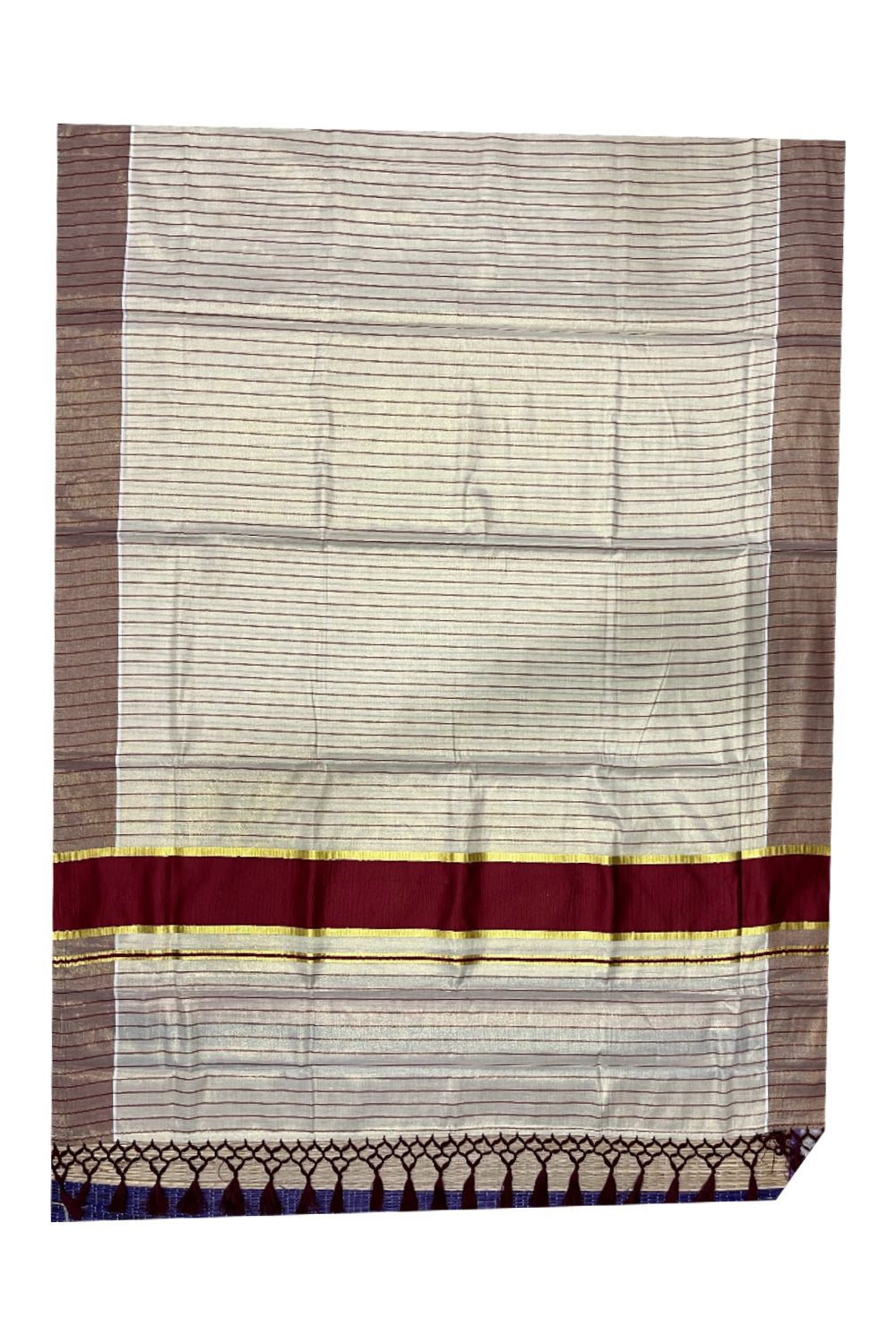 Kerala Tissue Maroon Striped Saree with Kasavu Border and Tassels Works (Vishu 2024 Collection)