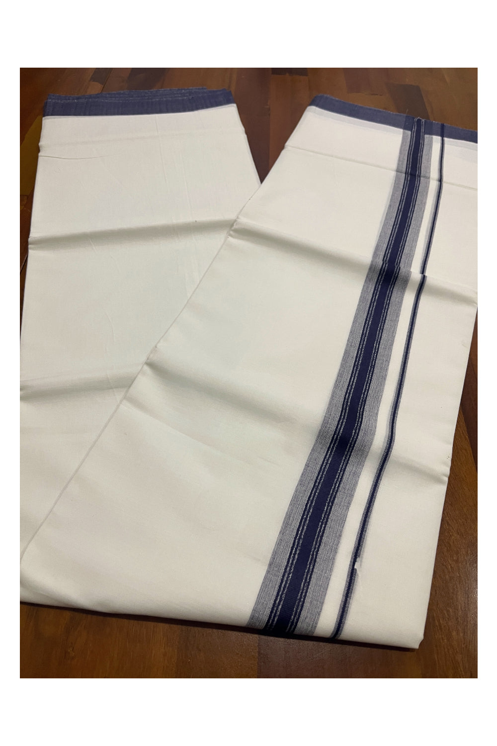 Pure White Cotton Double Mundu with Navy Blue Border (South Indian Kerala Dhoti)