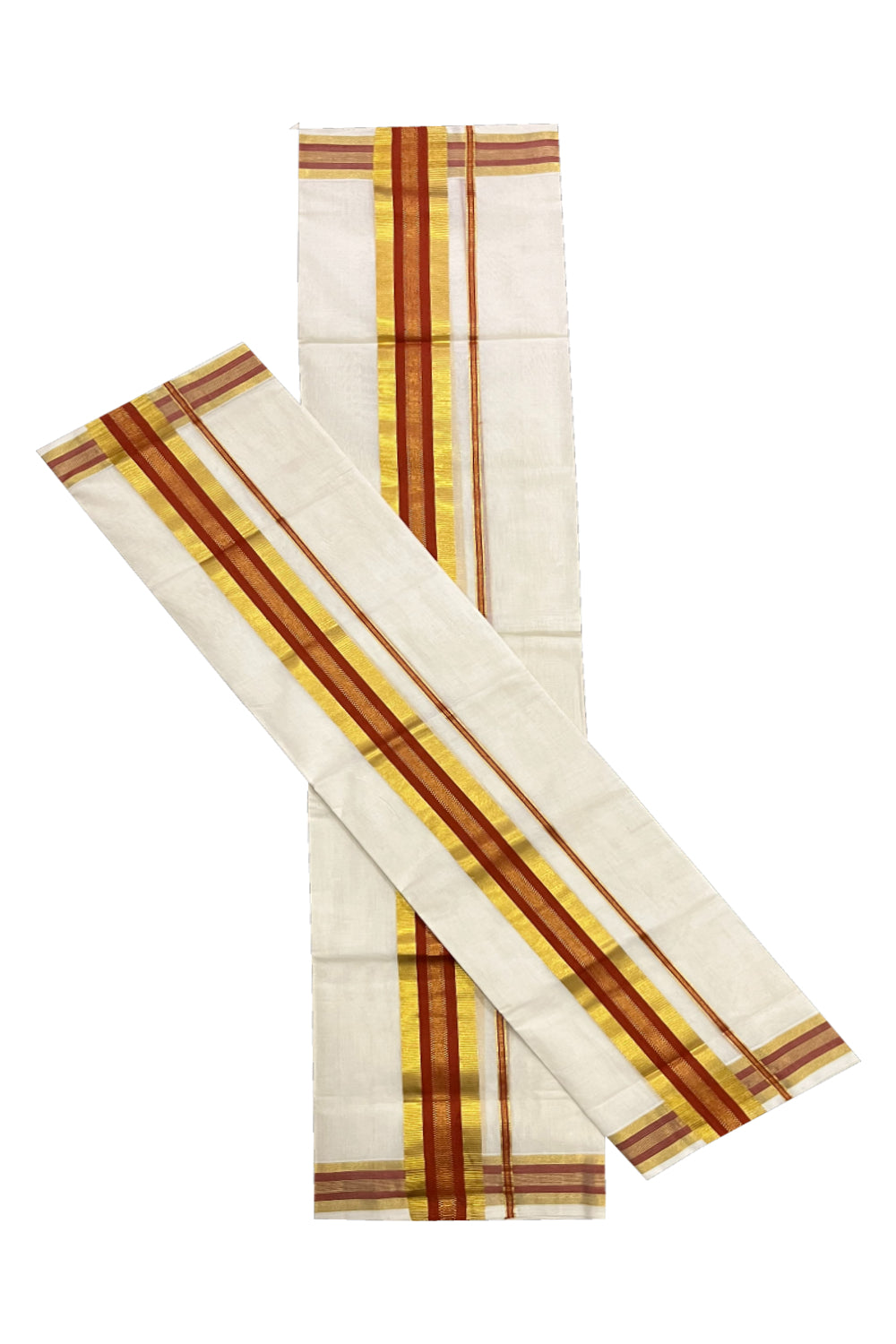 Pure Cotton Handloom Premium Kasavu Set Mundu (Mundum Neriyathum) with Orange and Kasavu Border