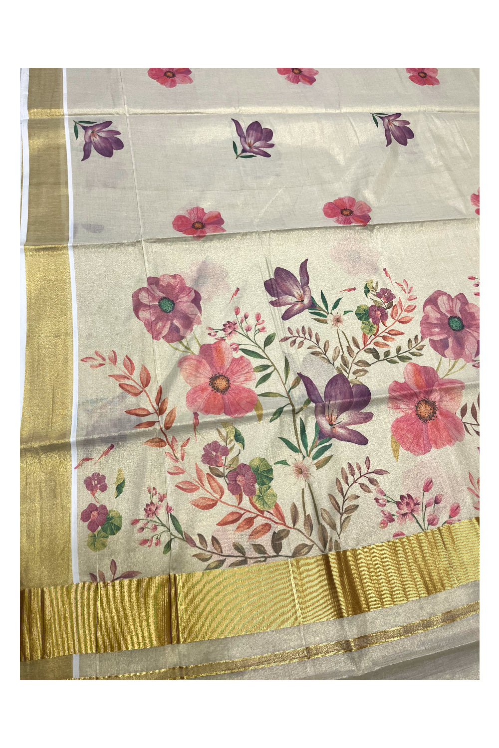 Kerala Tissue Kasavu Saree with Violet And Pink Floral Prints on Body (Vishu 2024 Collection)