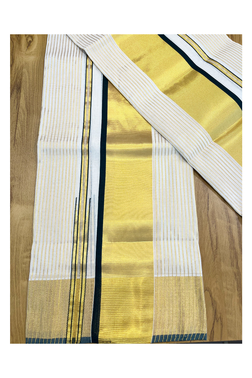 Southloom Premium Handloom Set Mundu with Green Border and Kasavu Lines Across Body 2.80 Mtrs (with Matching Blouse Piece)