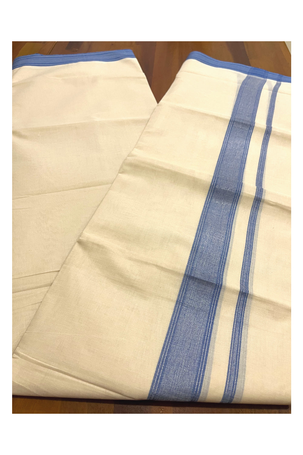 Pure Cotton 100x100 Double Mundu with Blue and Silver Kasavu Line Border (Onam Mundu 2023)