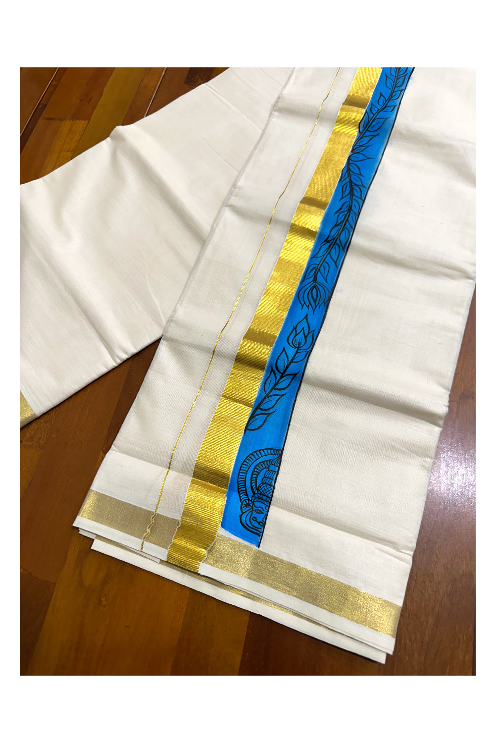 Kerala Pure Cotton Double Mundu with Hand Painted Designs on Kasavu Border(South Indian Kerala Dhoti)