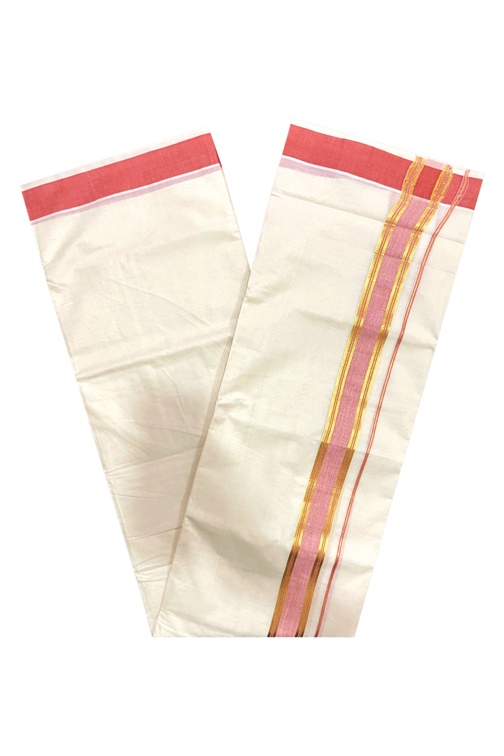 Kerala Pure Cotton Double Mundu with Orange and Kasavu Border (South Indian Kerala Dhoti)