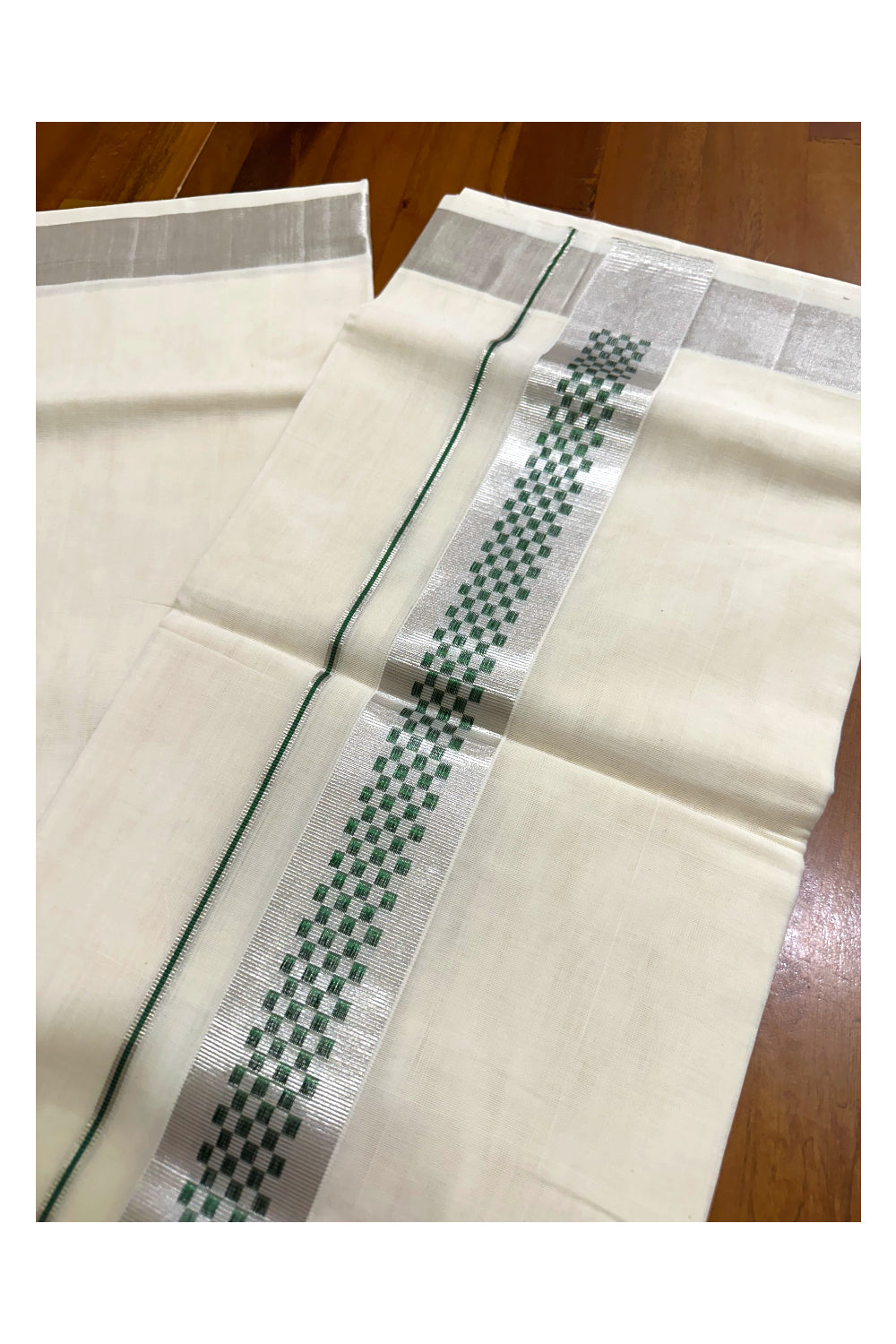 Premium Balaramapuram Handloom Unakkupaavu Cotton Double Mundu with Silver Kasavu and Green Paa Neythu Border (Onam 2024 Collection)