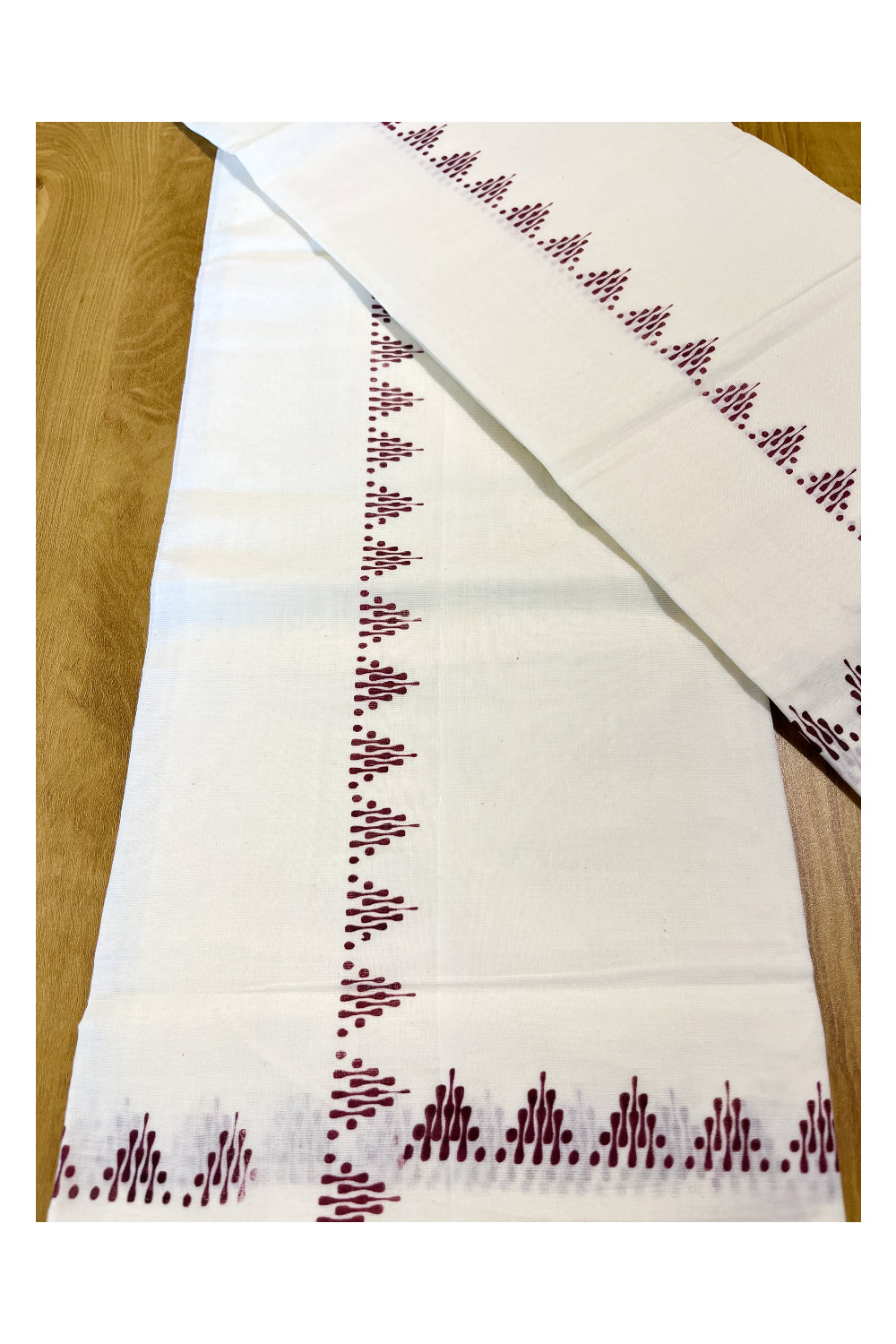 Kerala Cotton Single Set Mundu (Mundum Neriyathum) with Block Prints in Maroon Border 2.80 Mtrs