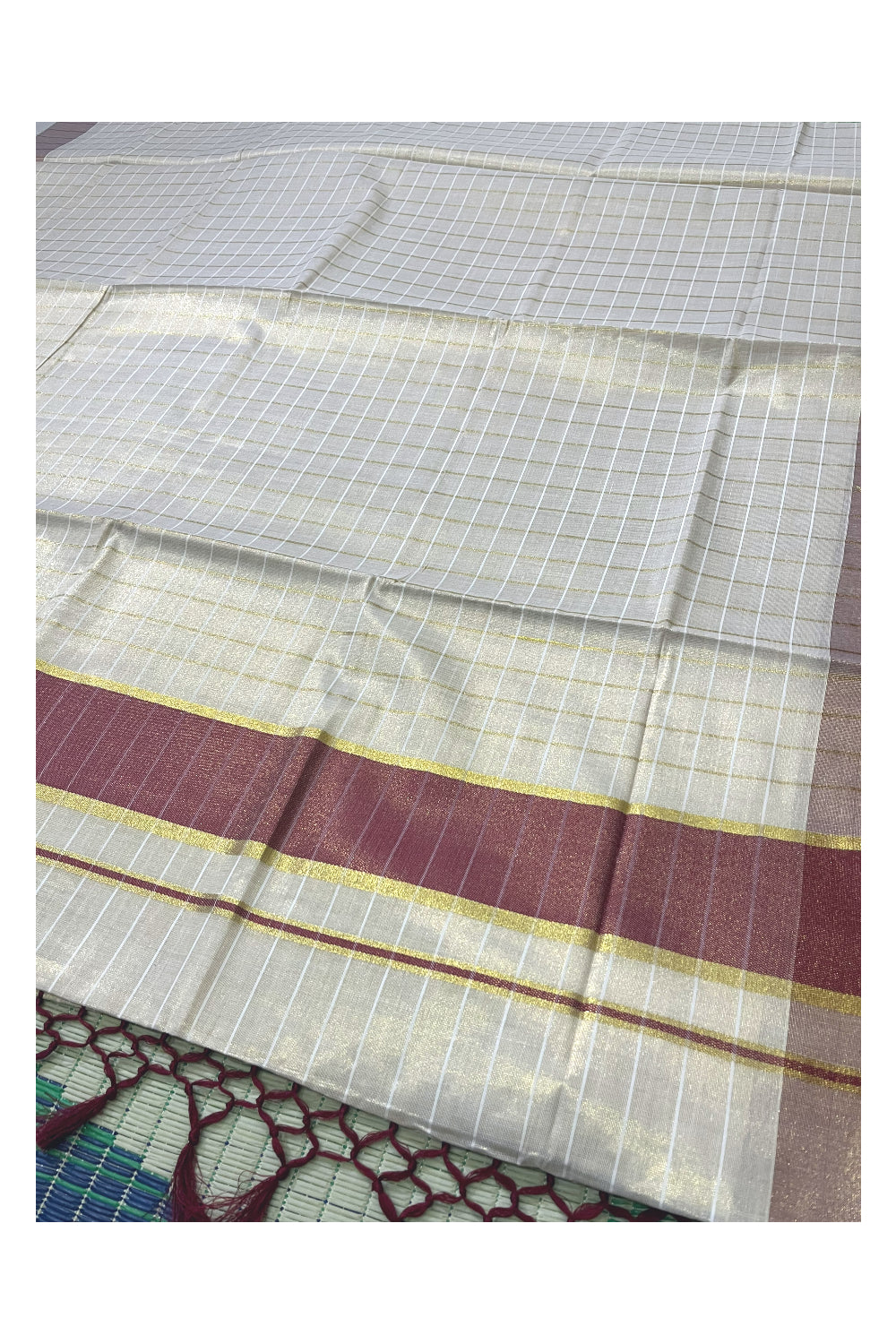 Kerala Tissue Kasavu Check Design Saree with Maroon Border and Tassels on Pallu (Onam Saree 2023)