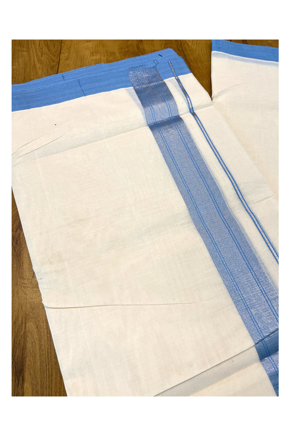 Pure Cotton Off White Double Mundu with Silver Kasavu and Blue Kara (South Indian Kerala Dhoti)