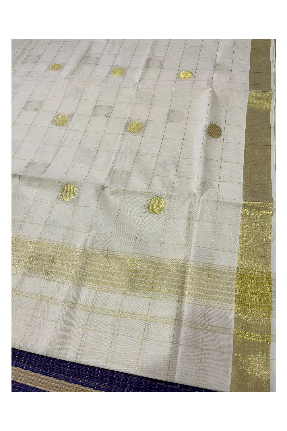 Pure Cotton Kerala Saree with Kasavu Check Designs and Polka Works Across Body (Onam Saree 2023)