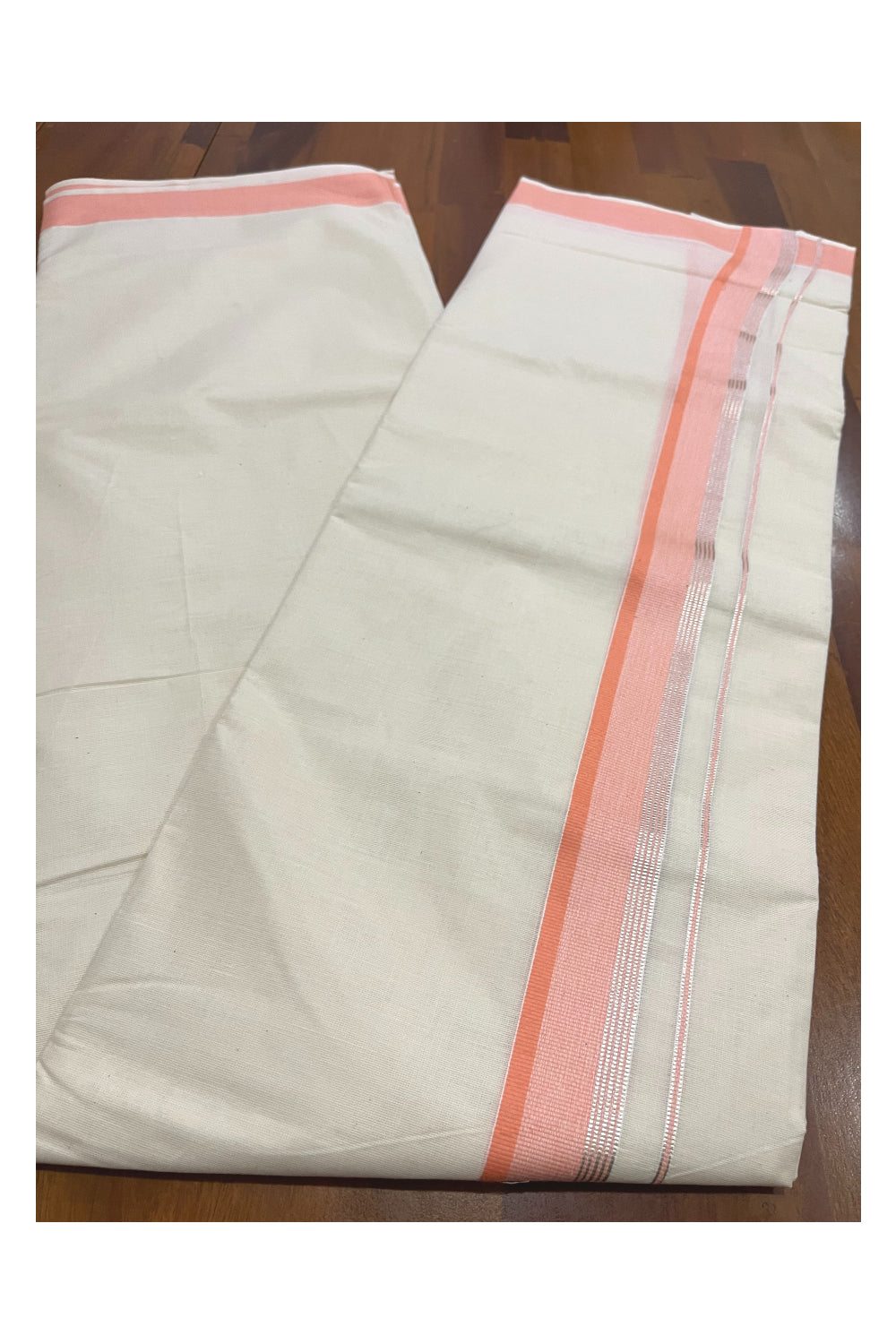 Pure Cotton Kerala Double Mundu with Peach and Silver Kasavu Kara (South Indian Kerala Dhoti)