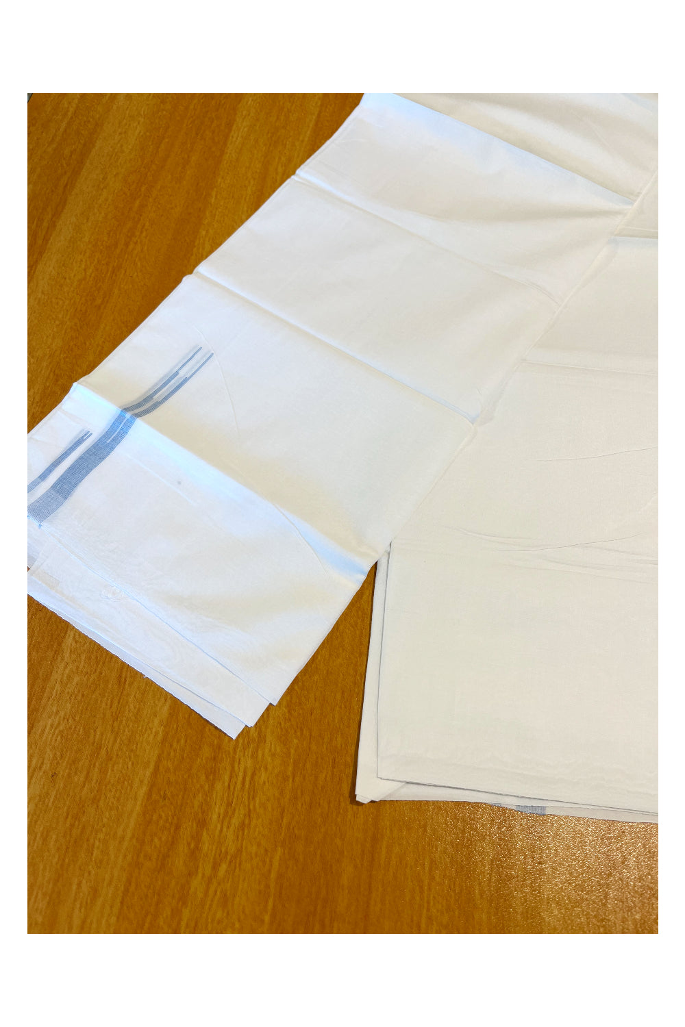 Pure White Cotton Double Mundu with Blue Chutti Kara (South Indian Kerala Dhoti)