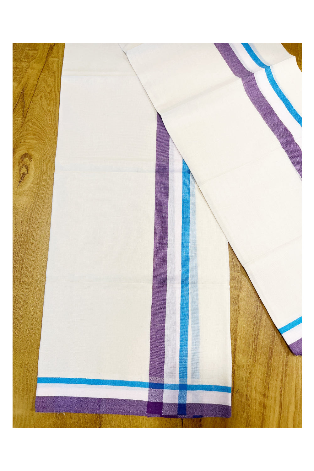 Southloom Mulloth Soft Cotton Violet Blue Border Set Mundu 2.80 Mtrs