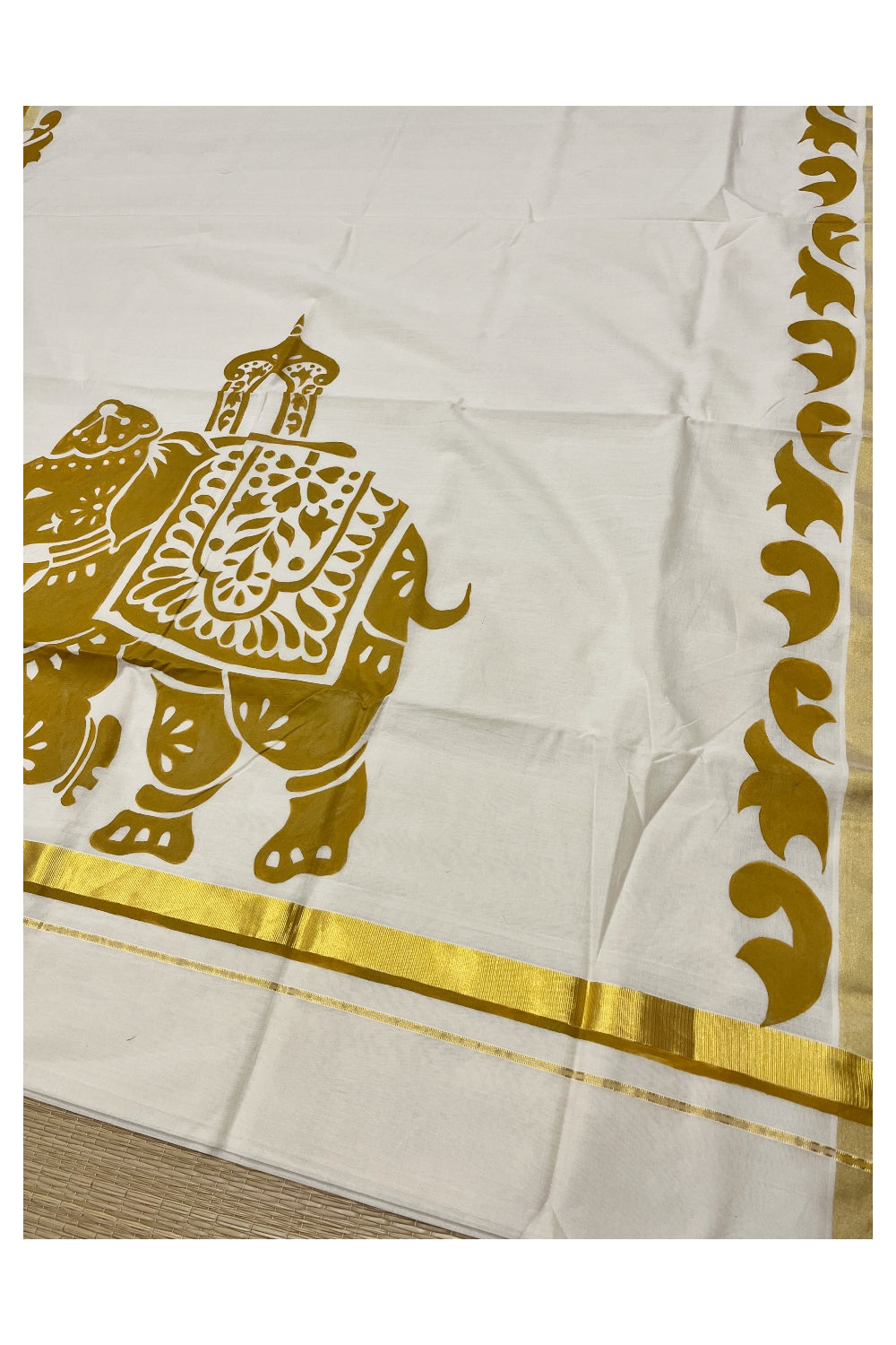 Southloom Premium Balaramapuram Handloom Cotton Yellow Hand Painted Designs Saree (Vishu 2024 Collection)