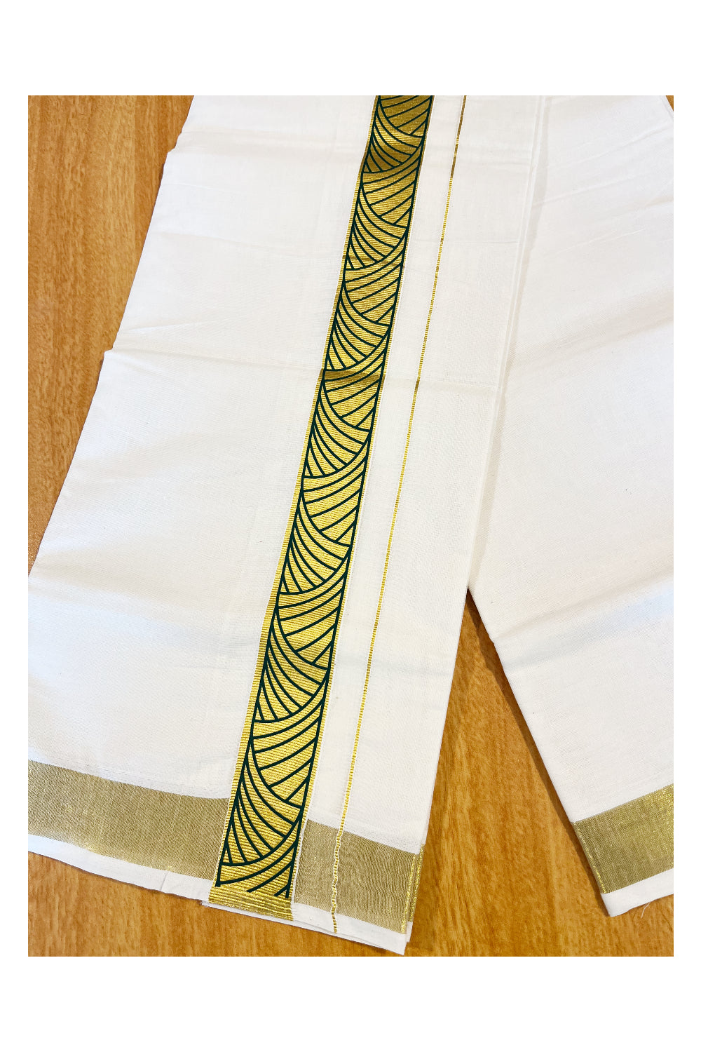 Pure Cotton Off White Double Mundu with Green Block Prints on Kasavu Kara (South Indian Dhoti)