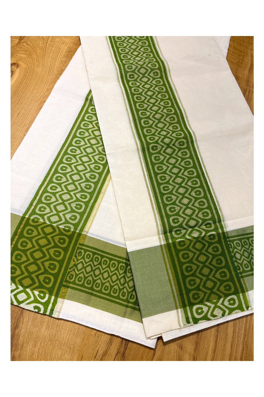 Kerala Cotton Single Set Mundu (Mundum Neriyathum) with Green Block print Border 2.80Mtrs