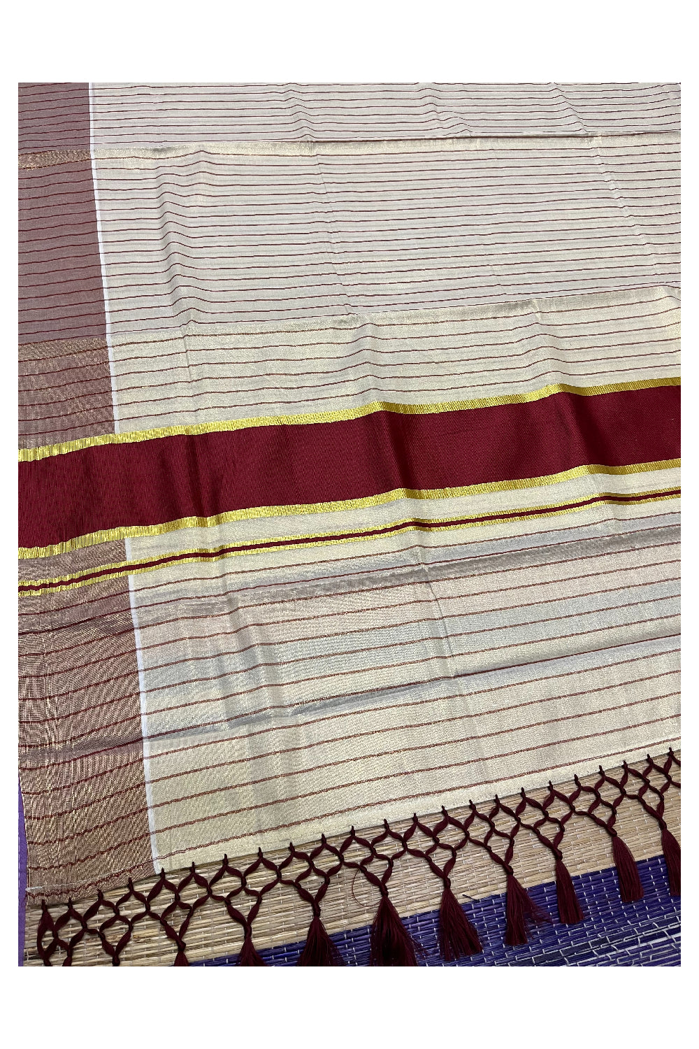Kerala Tissue Maroon Striped Saree with Kasavu Border and Tassels Works (Vishu 2024 Collection)