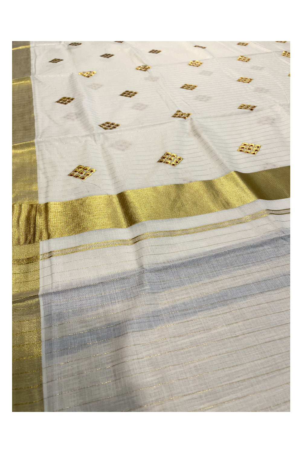 Kerala Cotton Kasavu Stripes Saree with Maroon Floral Embroidery Design on Body