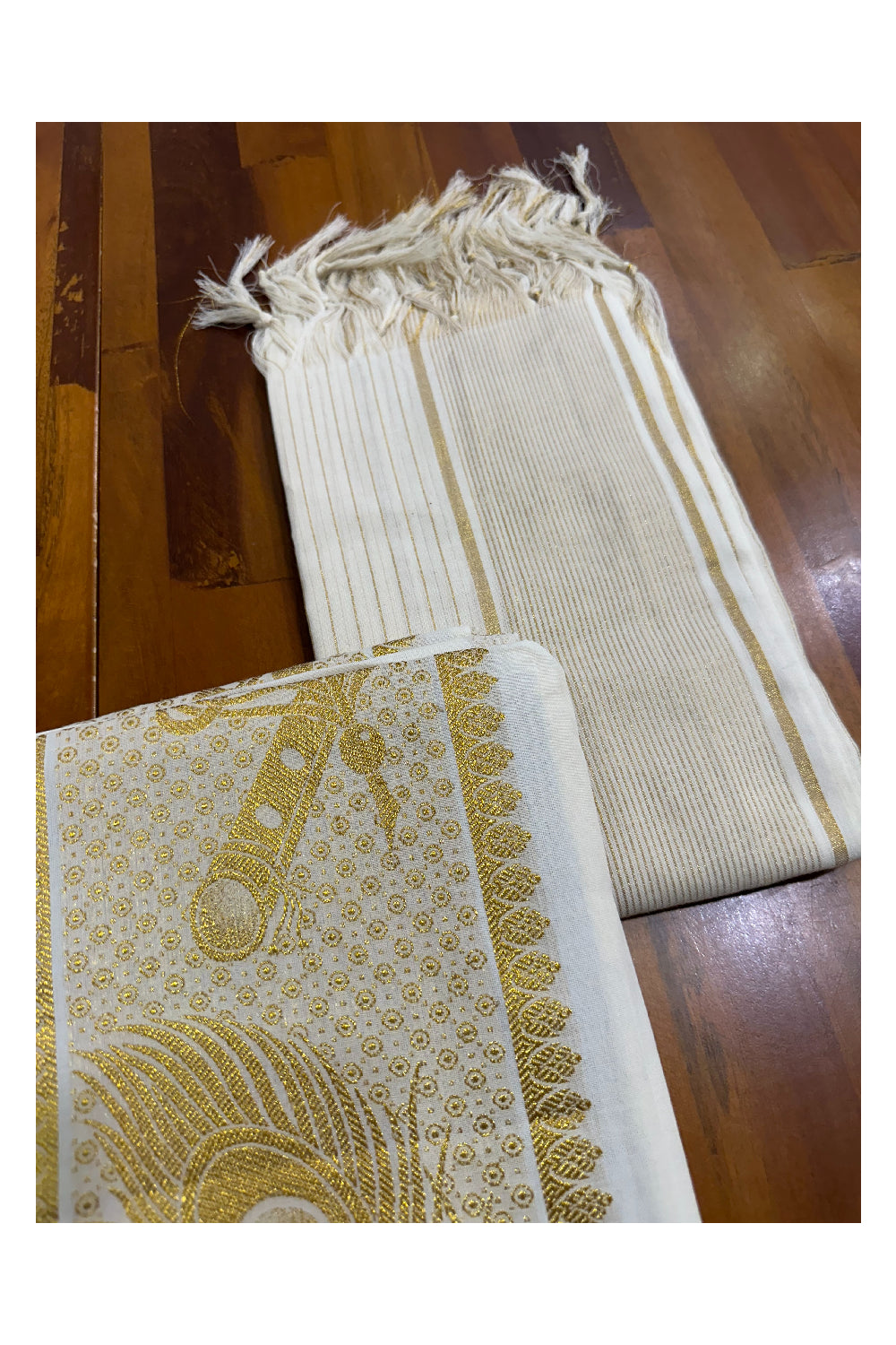 Kerala Cotton Churidar Salwar Material with Kasavu Peacock Feather and Flute Woven Design (include Lines Shawl / Dupatta)