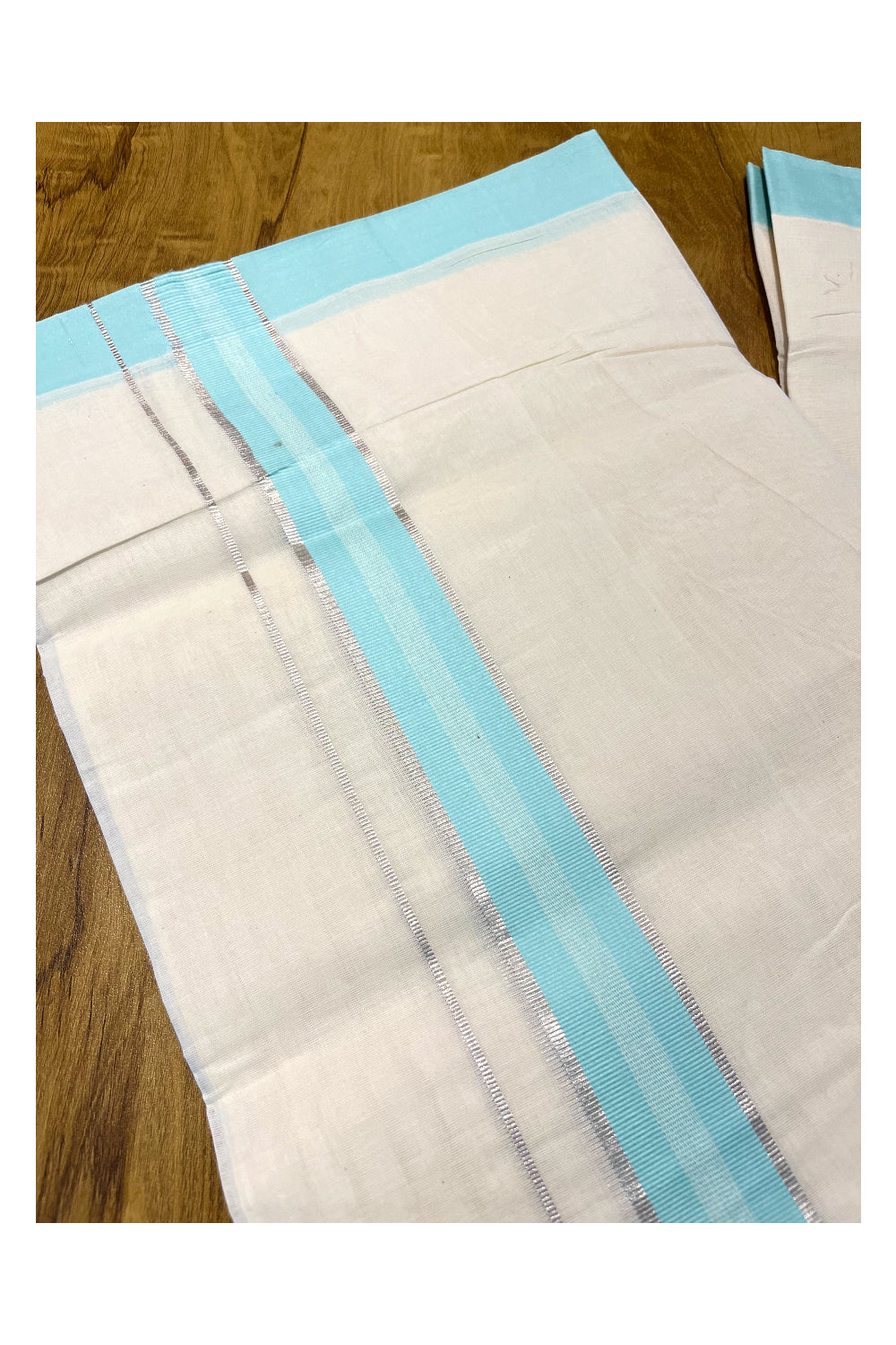 Pure Cotton Off White Double Mundu with Silver Kasavu and Blue Kara (South Indian Kerala Dhoti)