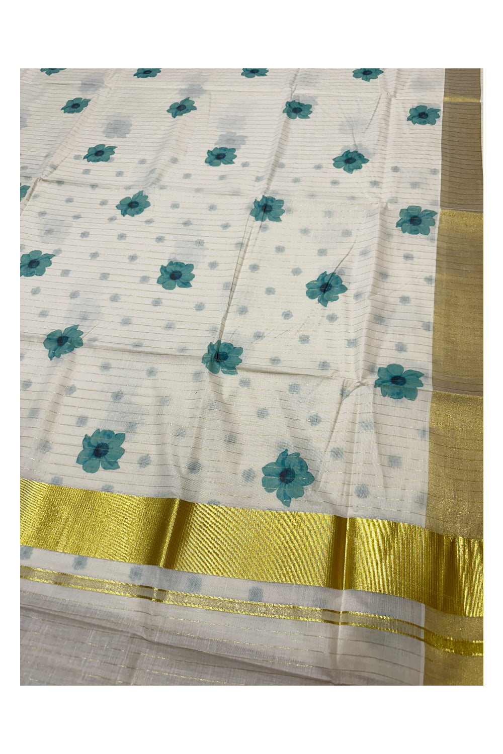 Southloom Onam Special Kasavu Lines Saree with Digital Printed Classy Floral Designs in Turquiose (Printed Matching Blouse Included)