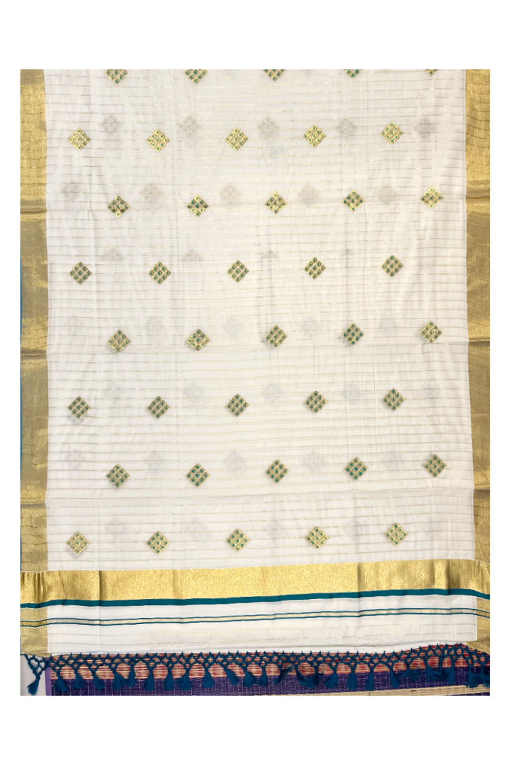 Kerala Cotton Kasavu Stripes Saree with Peacock Green Floral Embroidery Design on Body