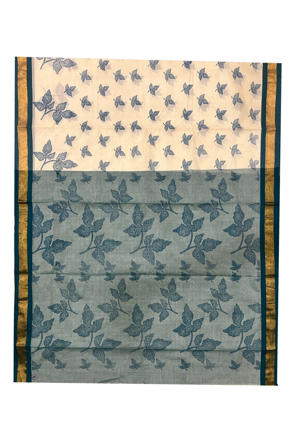 Pure Cotton Kerala Saree with Teal Block Print Leaf Designs and Kasavu Border (Vishu 2024 Collection)