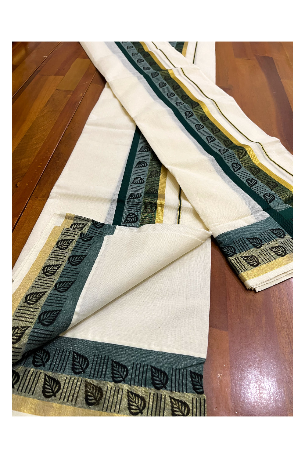 Kerala Cotton Kasavu Single Set Mundu (Mundum Neriyathum) with Green Kara and Block Prints