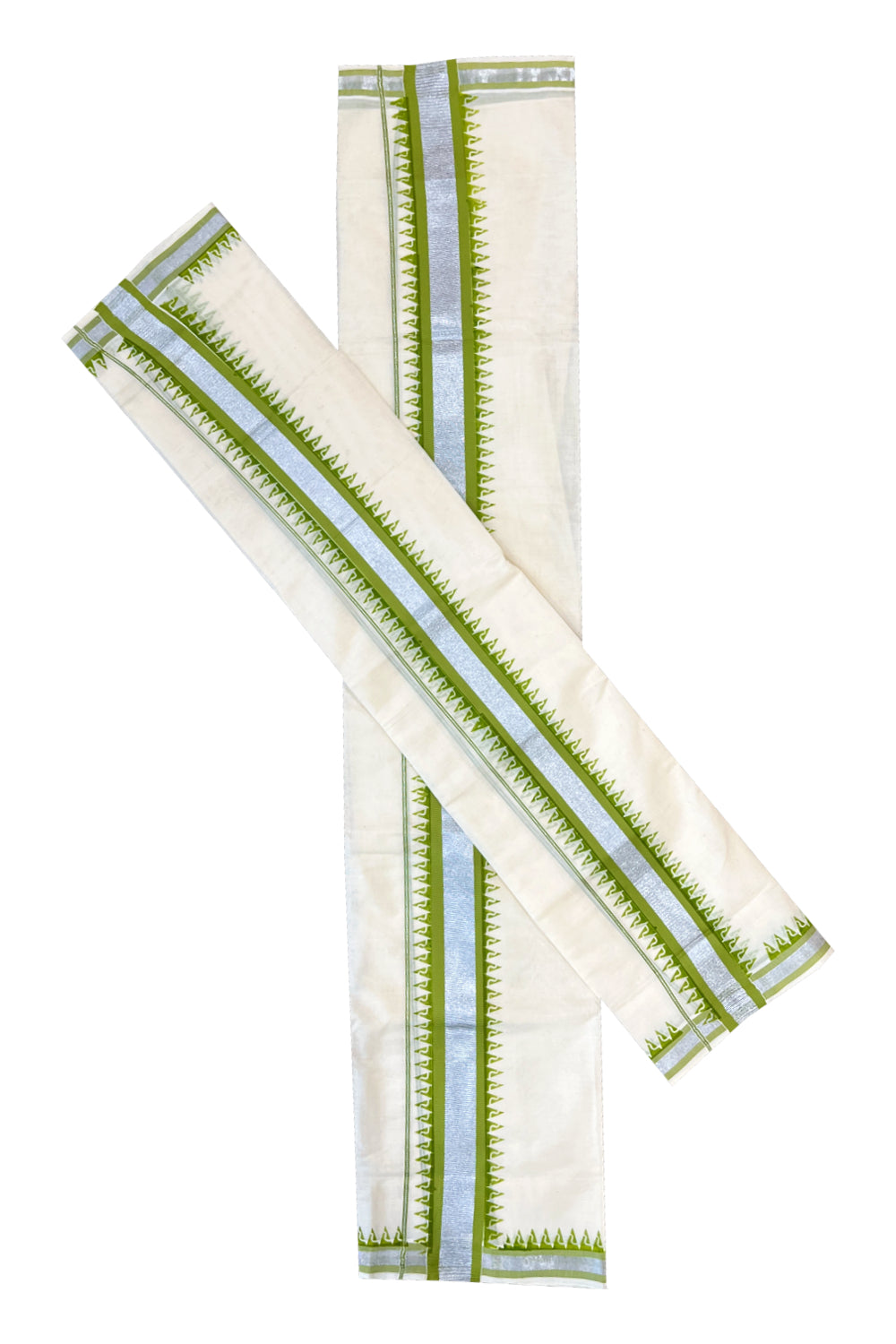 Cotton Single Set Mundu (Mundu Neriyathum) with Green Temple Block Prints and Silver Kasavu Border