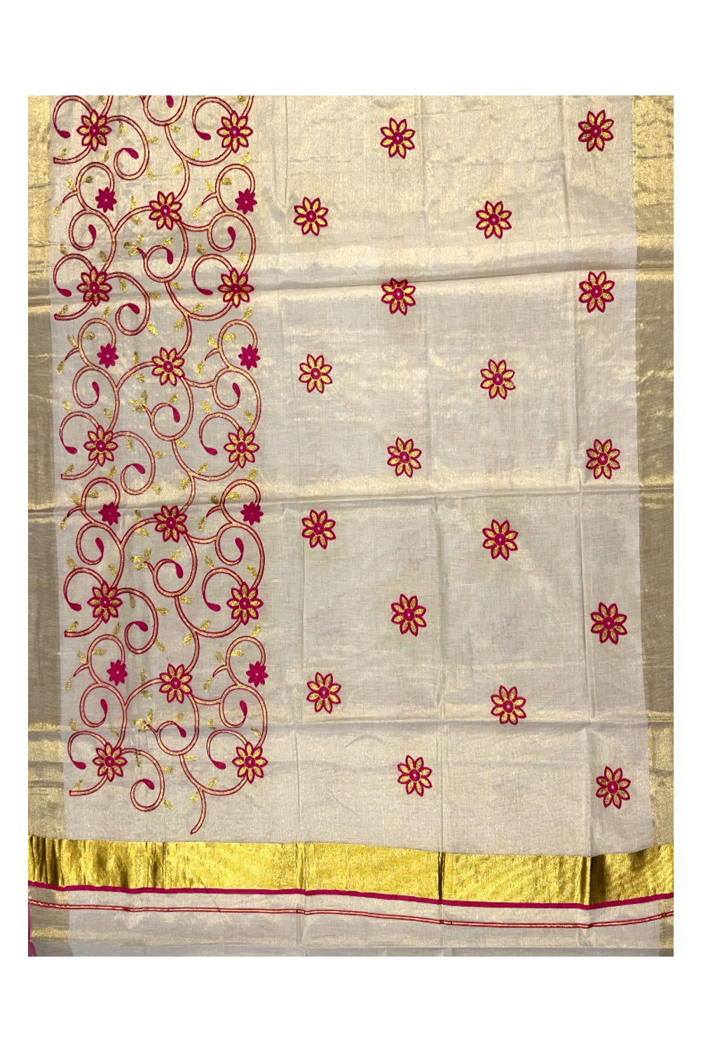 Kerala Tissue Kasavu Saree With Pink and Golden Floral Embroidery Works