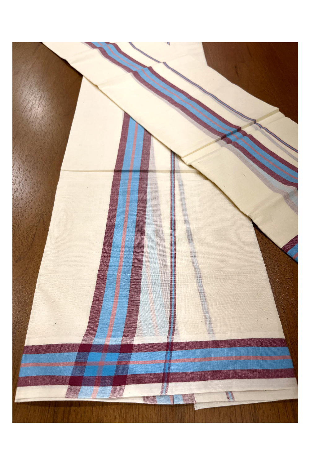 Kerala Cotton Mulloth Mundum Neriyathum Single (Set Mundu) with Blue and Purple Border (Extra Soft Cotton)