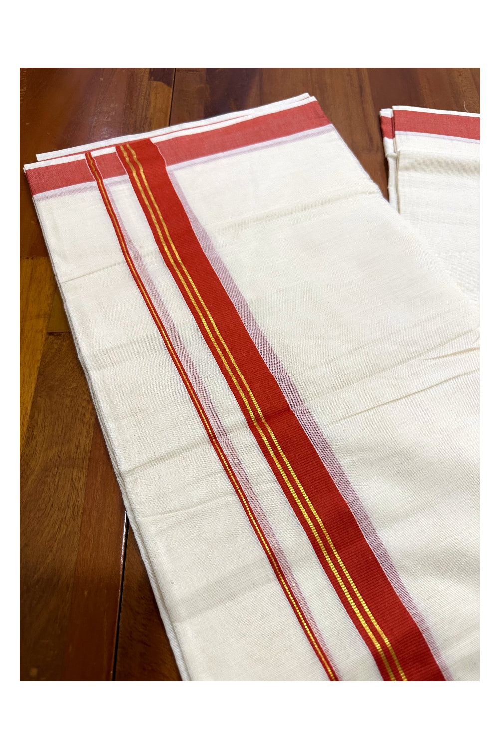 Kerala Cotton Double Mundu with Orange and Kasavu Border (Onam Mundu 2023)