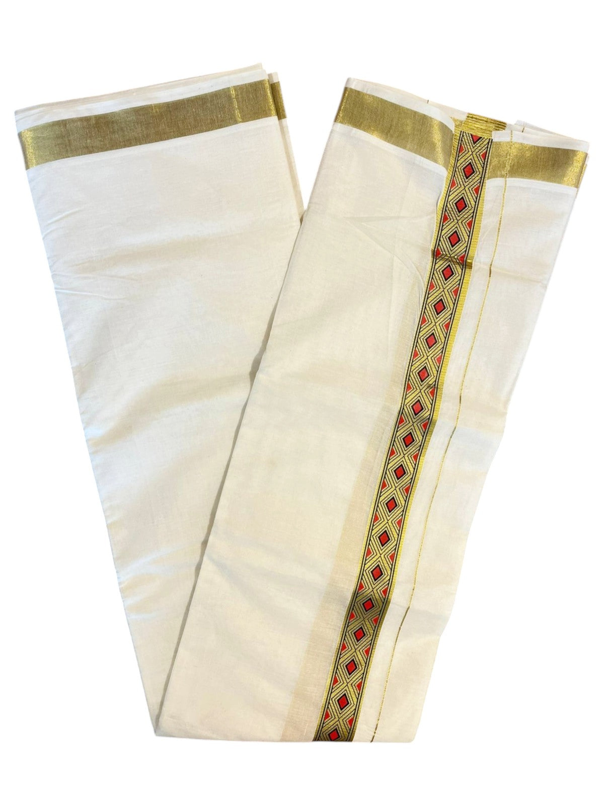 Southloom Kasavu Double Mundu with Prints on Kasavu Kara