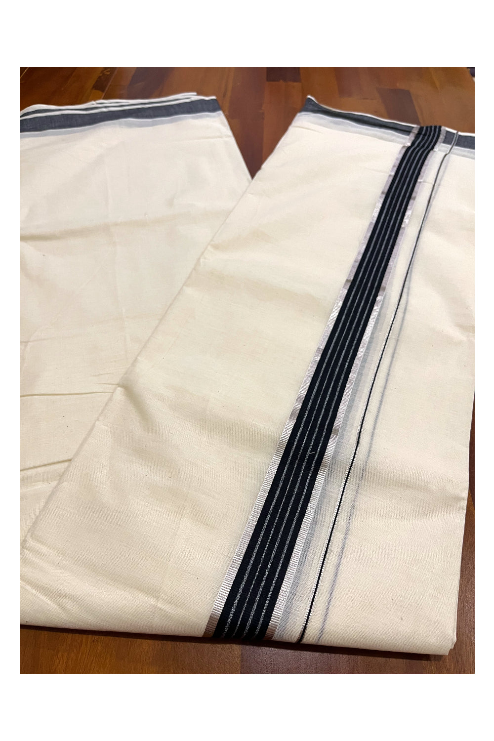 Kerala Cotton Double Mundu with Black and Silver Kasavu Line Border (Onam Mundu 2023)