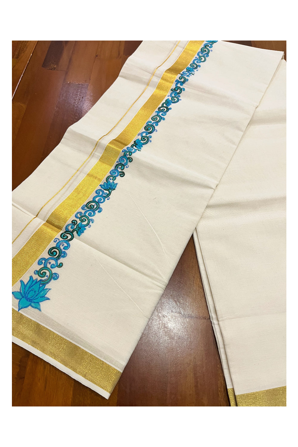 Kerala Pure Cotton Double Mundu with Blue Floral Mural Painted Design on Kasavu Border (South Indian Kerala Dhoti)