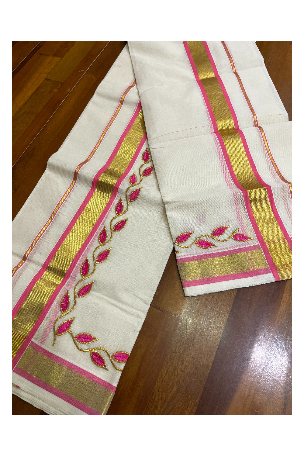 Kerala Cotton Mundum Neriyathum Single (Set Mundu) with Pink Golden Floral Embroidery Designs in Pink and Kasavu Border