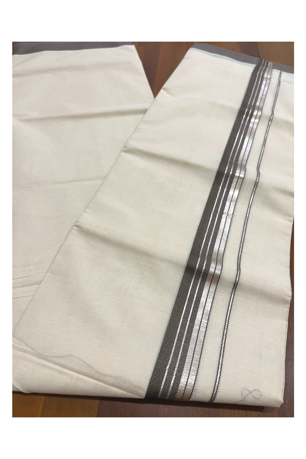 Pure Cotton 100x100 Double Mundu with Silver Kasavu and Brown Border (Onam Mundu 2023)