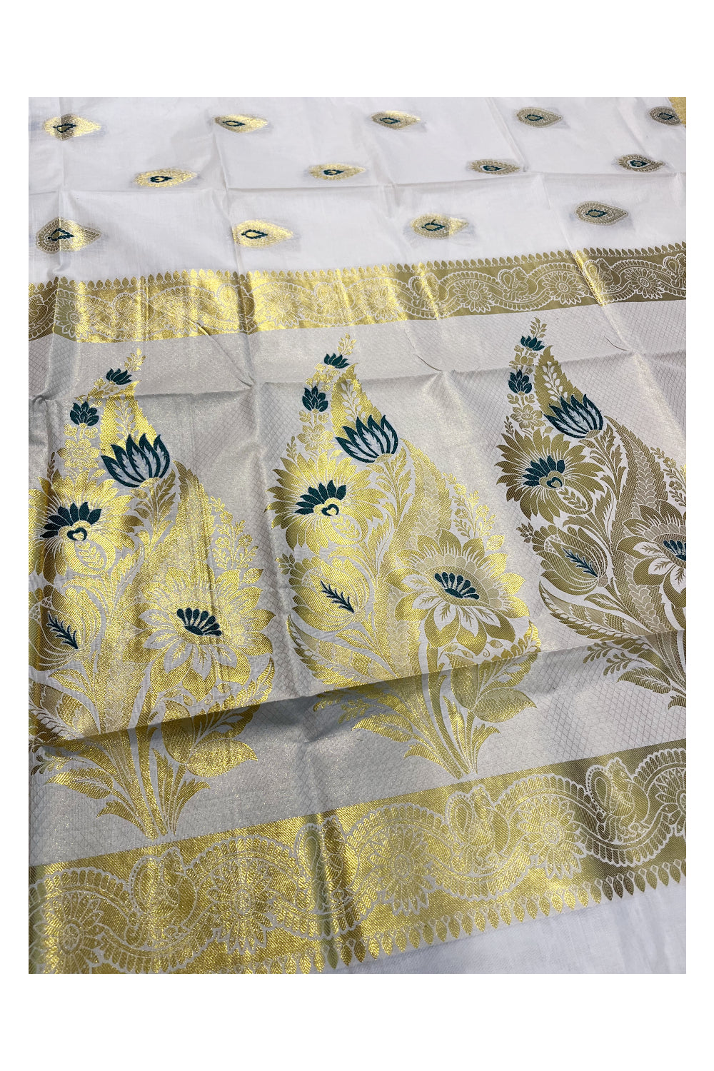 Kerala Cotton Kasavu Saree With Green and Golden Heavy Woven Works On Body