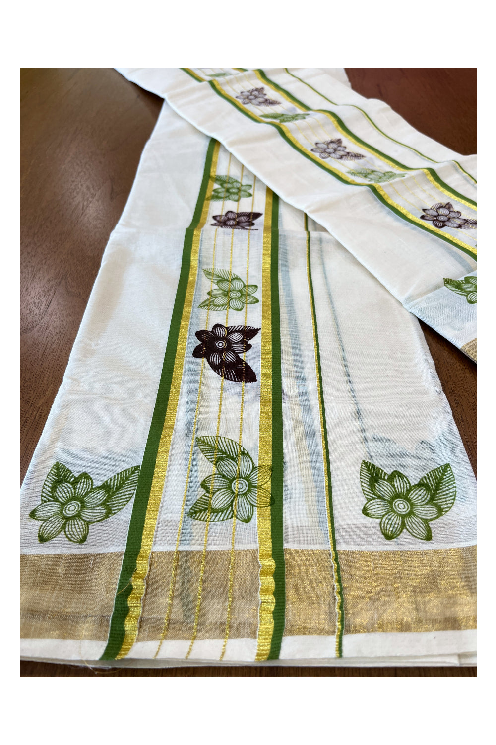 Cotton Single Set Mundu (Mundu Neriyathum) with Floral Block Prints on Green and Kasavu Border