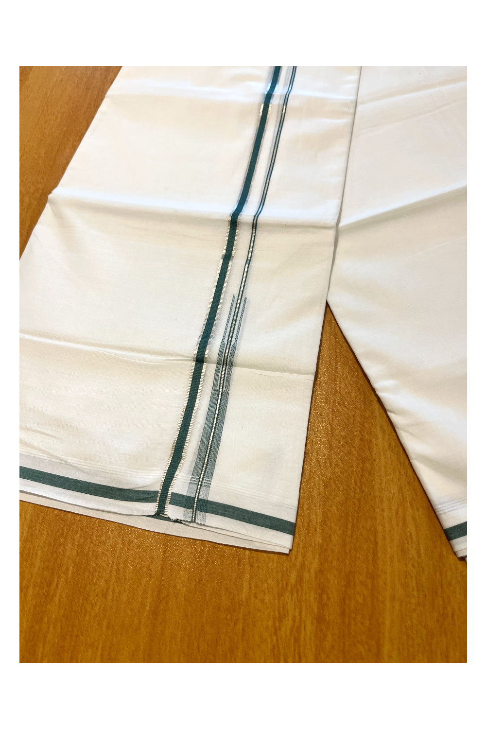 Pure White Cotton Double Mundu with Green  Border (South Indian Dhoti)