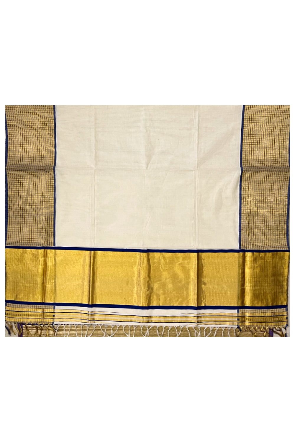 Southloom Handloom Premium Cotton Saree with Blue and Kasavu Check Design Border