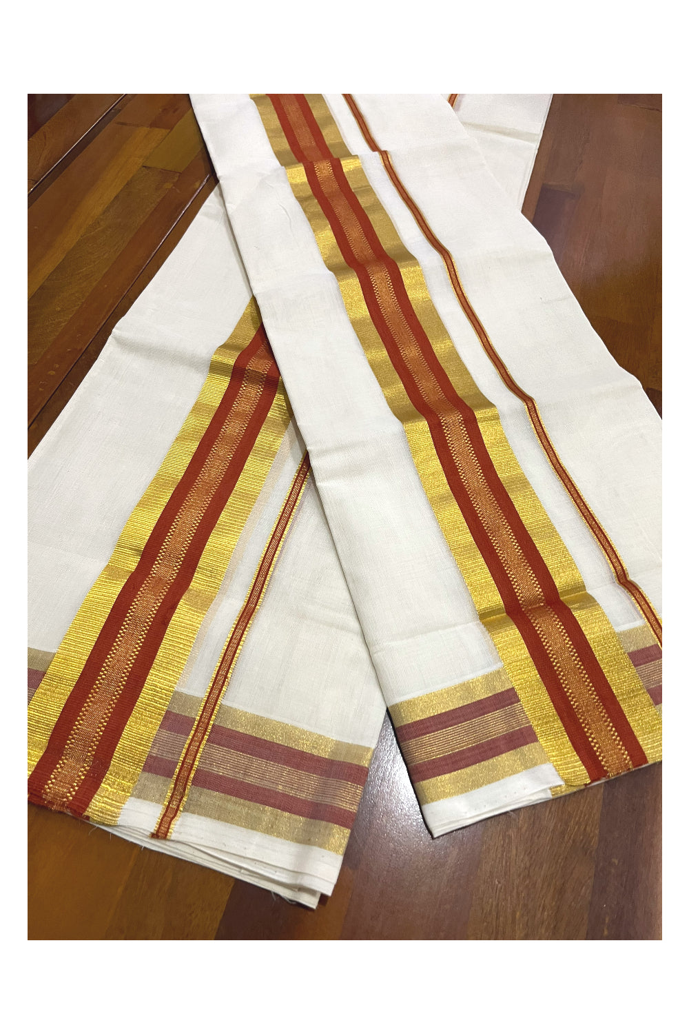 Pure Cotton Handloom Premium Kasavu Set Mundu (Mundum Neriyathum) with Orange and Kasavu Border