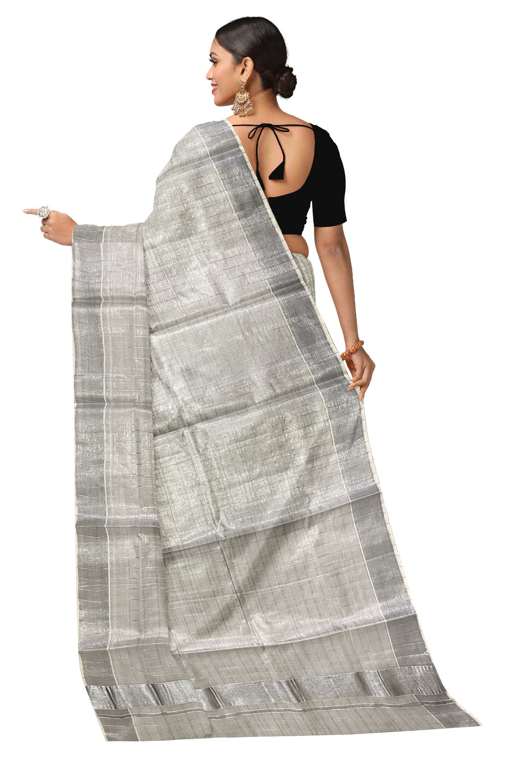 Kerala Plain Silver Tissue Kasavu Check Design Saree with 3 inch Border