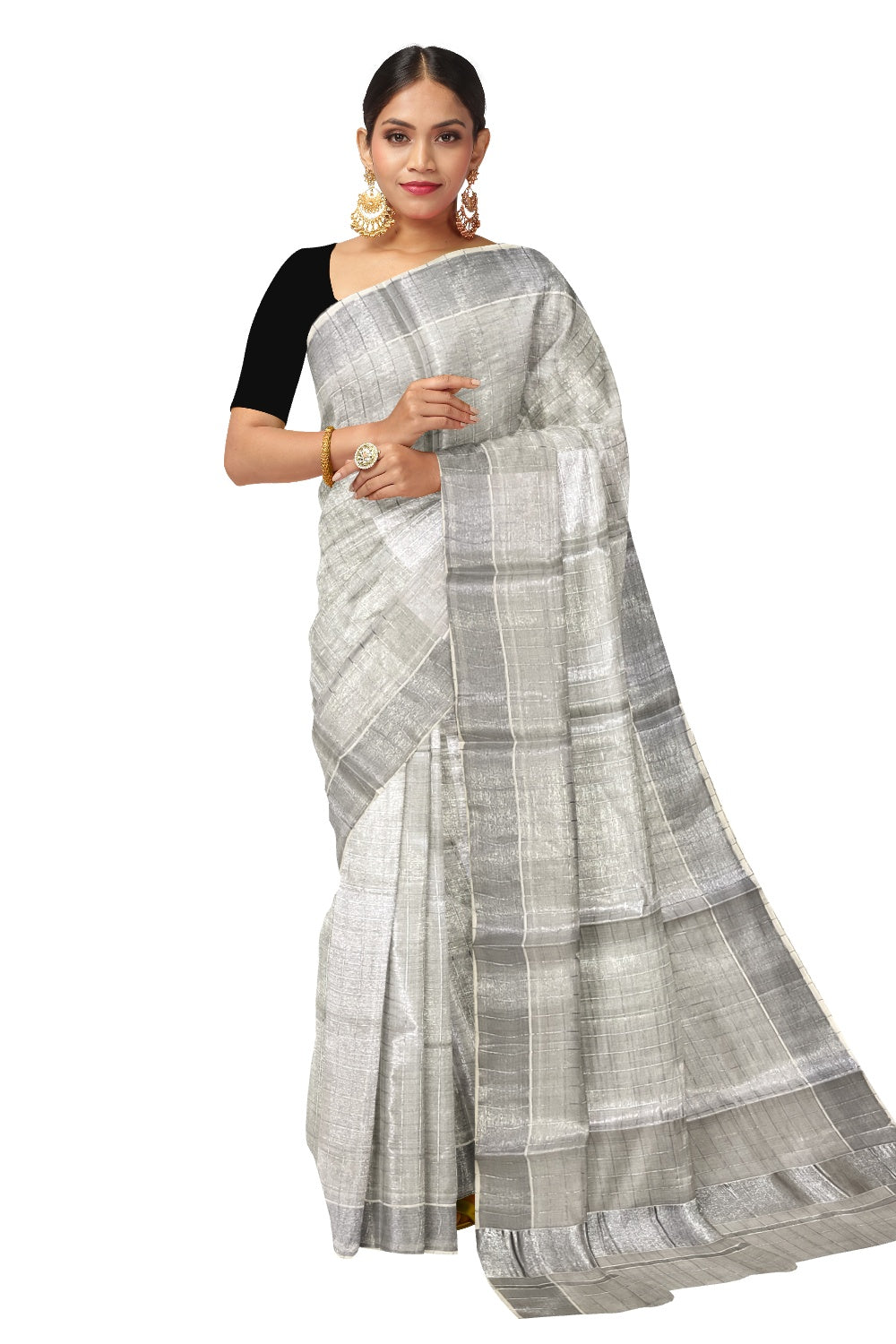 Kerala Plain Silver Tissue Kasavu Check Design Saree with 3 inch Border