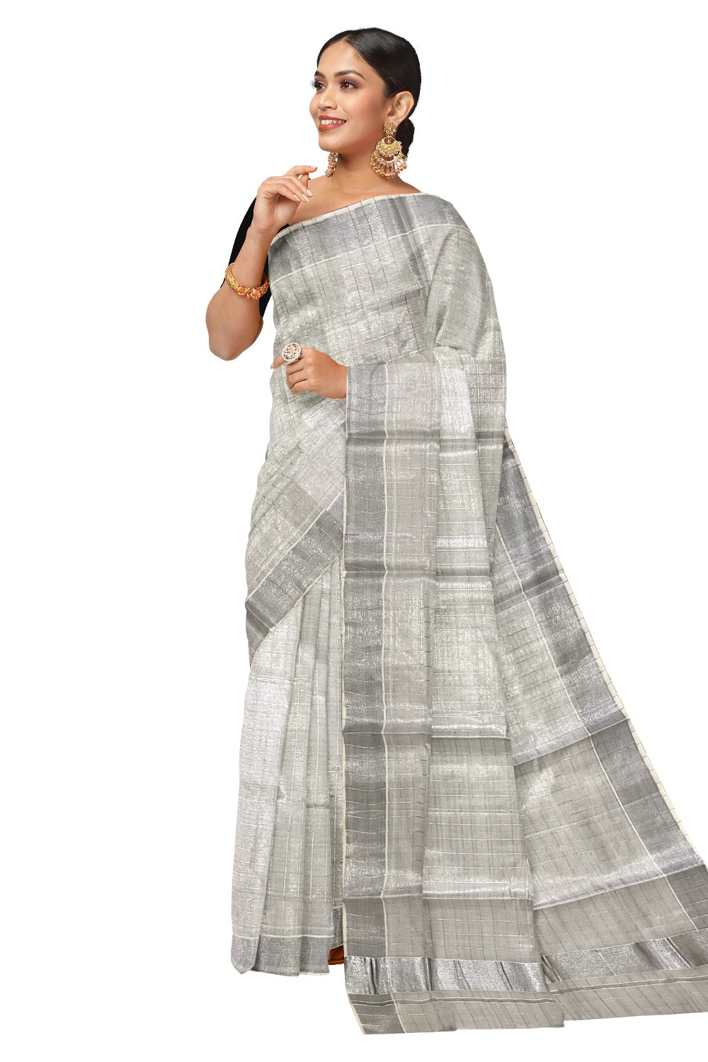 Kerala Plain Silver Tissue Kasavu Check Design Saree with 3 inch Border